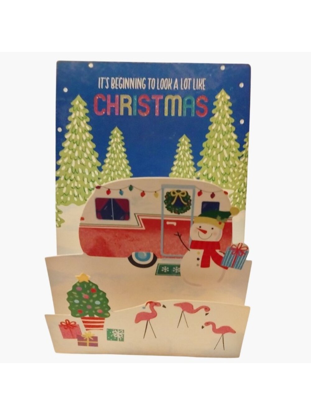 Pop Up Flamingo Christmas Card Camper Snowman